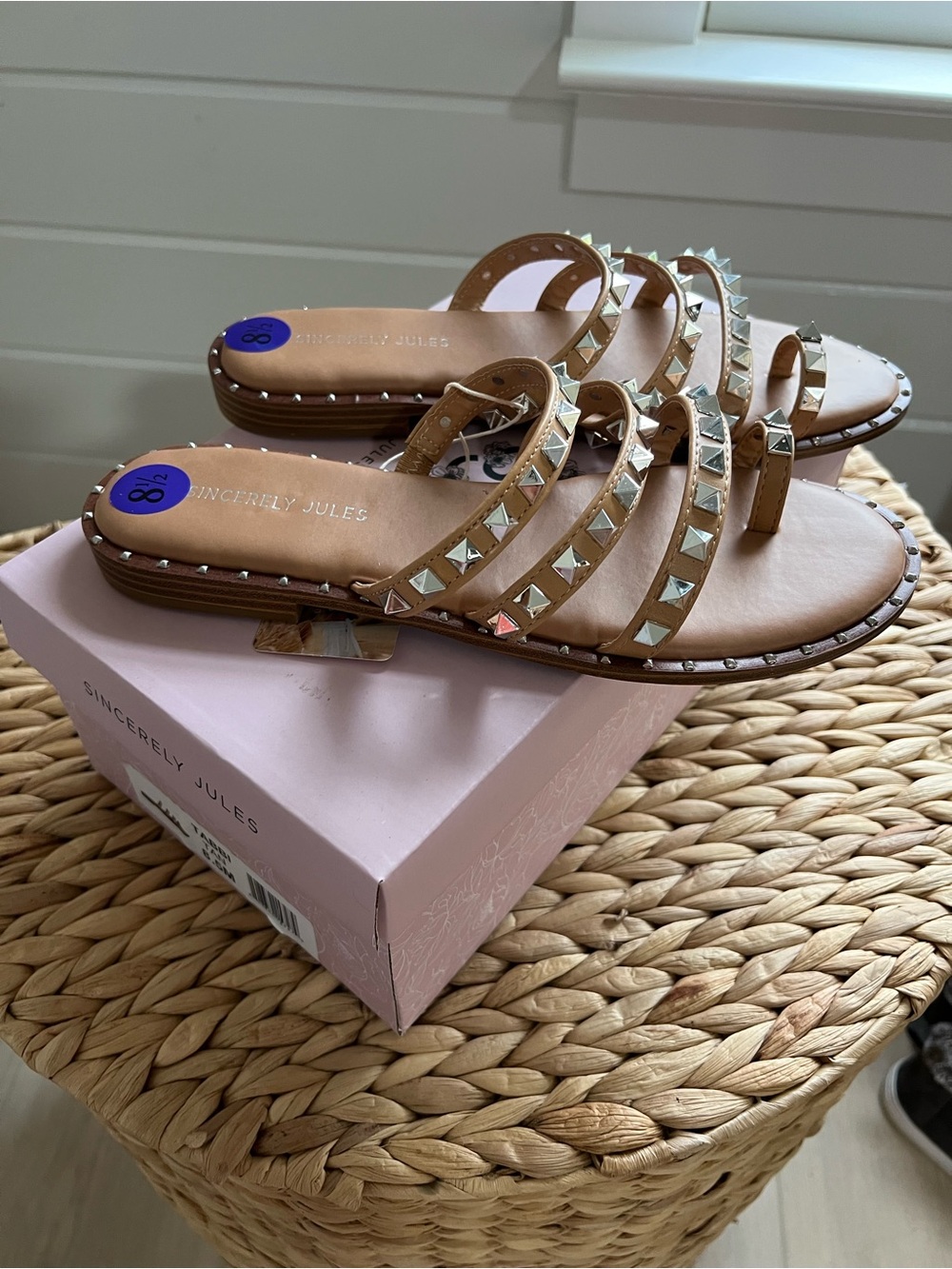 Sincerely Jules Tan Studded Multi-Strap Slide Sandals